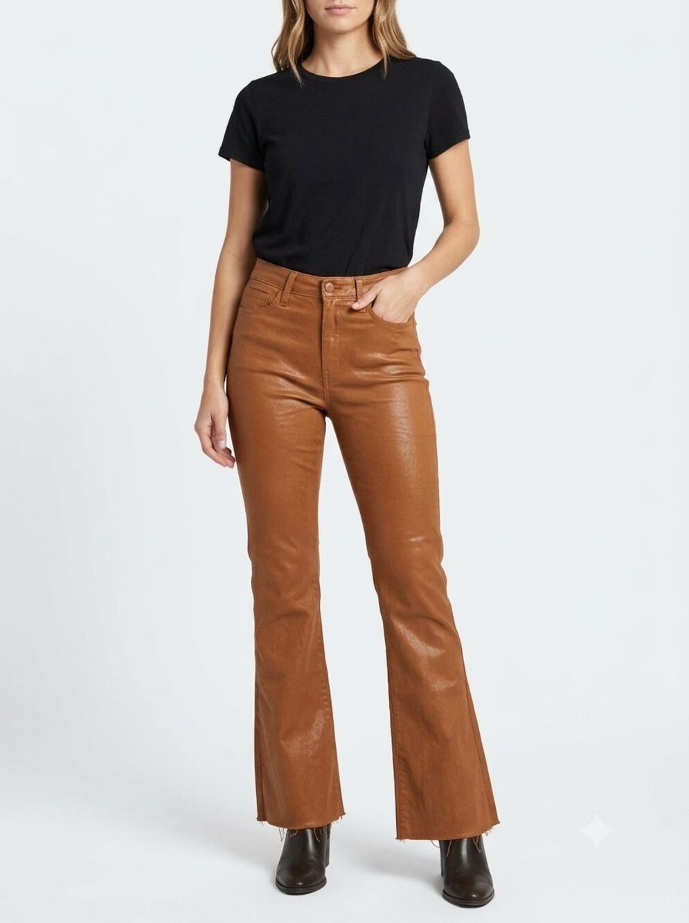 L'AGENCE Kendra Crop Flare Pants Womens 28 Java Coated Brown Hi-Rise Frayed Hem